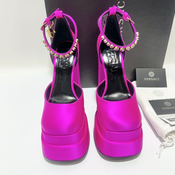 Versace Aevitas Platform Pumps 38 US 8 Pink Fuchsia Satin Crystal NIB $1575 - Picture 9 of 14